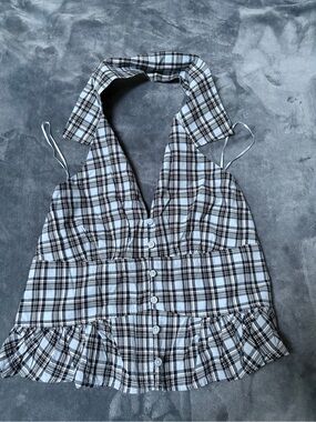 Hollister Black & White Plaid Halter Button-Front Camisole